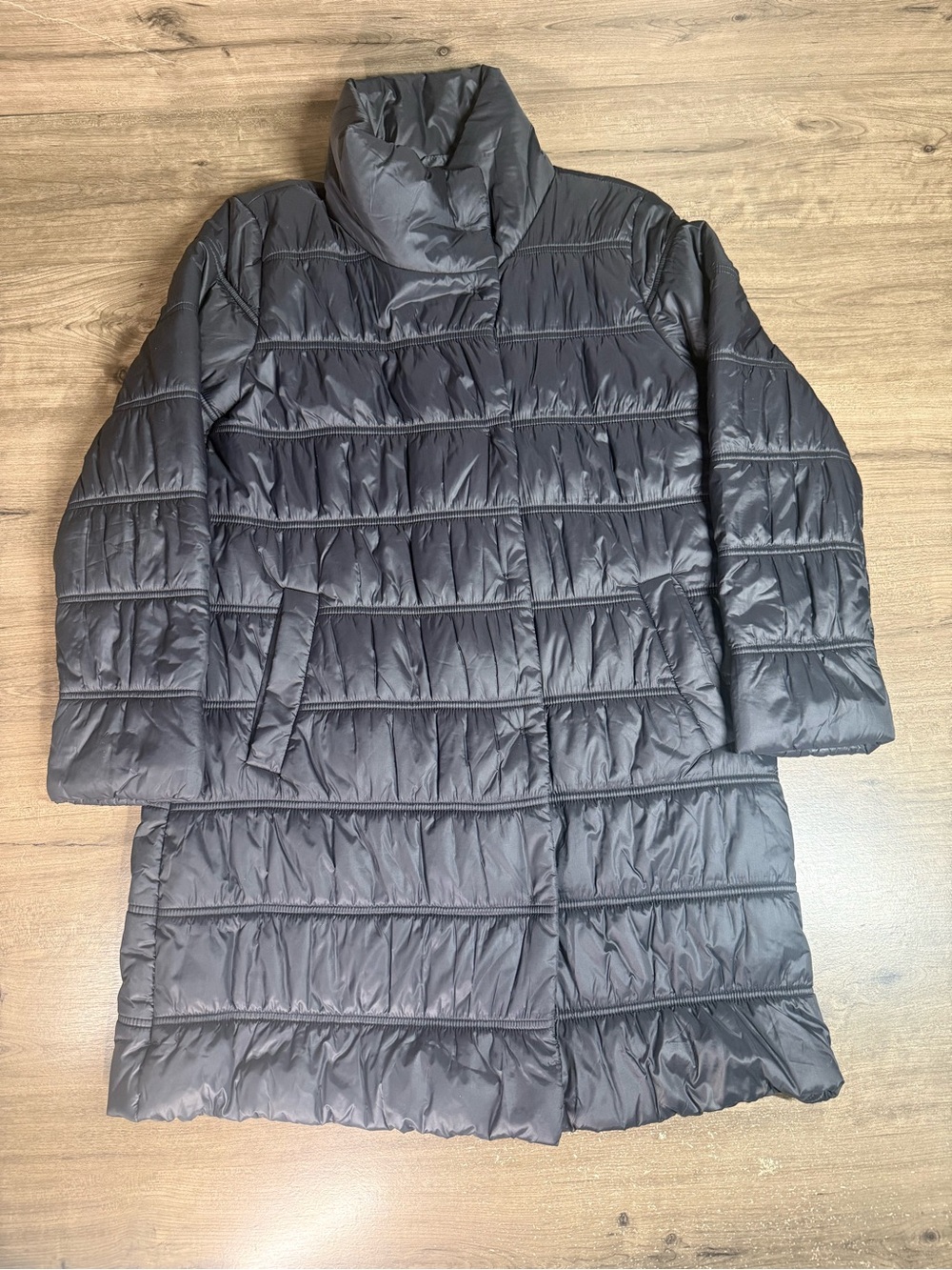 Eileen Fisher XS Black Long Quilted Puffer Coat Recycled Nylon Funnel Neck